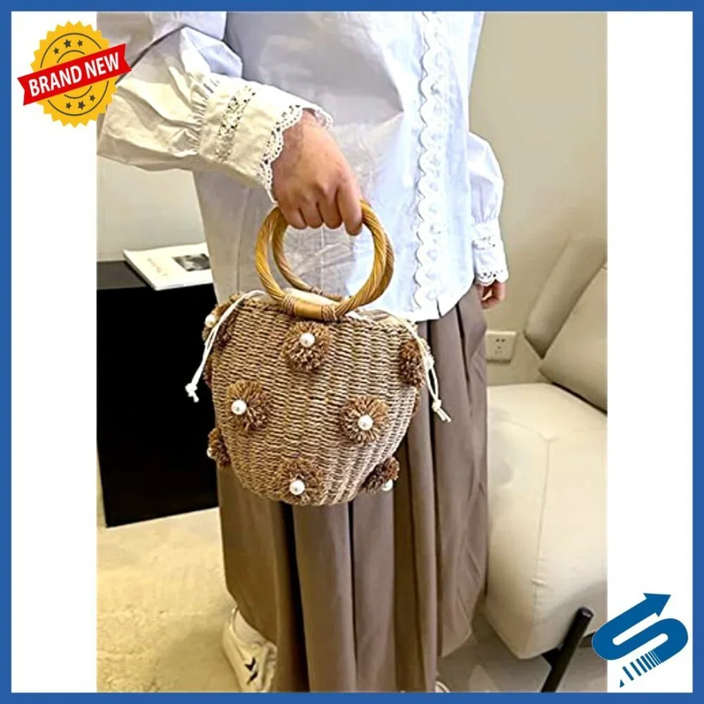 Straw Bucket Tote Bag Hand Woven Rattan Shell Pearl Flower Drawstring Purse